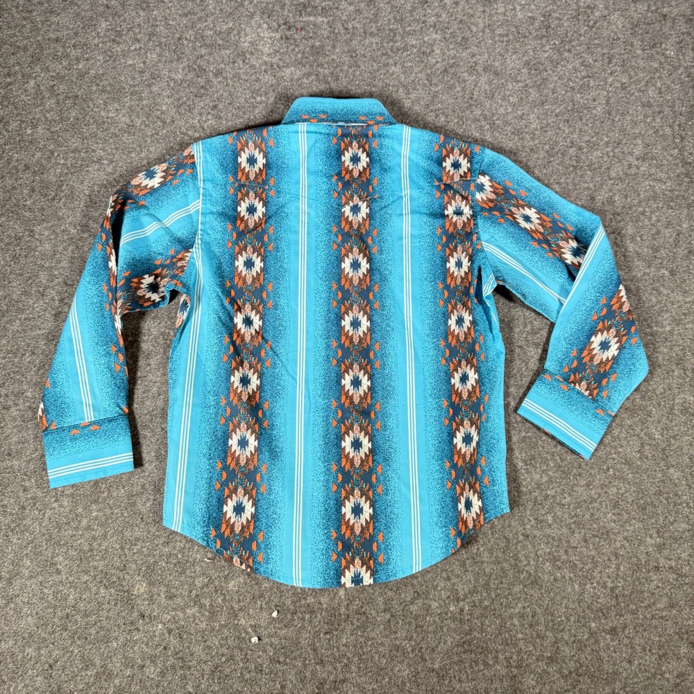 Wrangler Checotah Kids Western Snap Shirt Turquoise Blue Aztec Print S 112365829 - Picture 7 of 9
